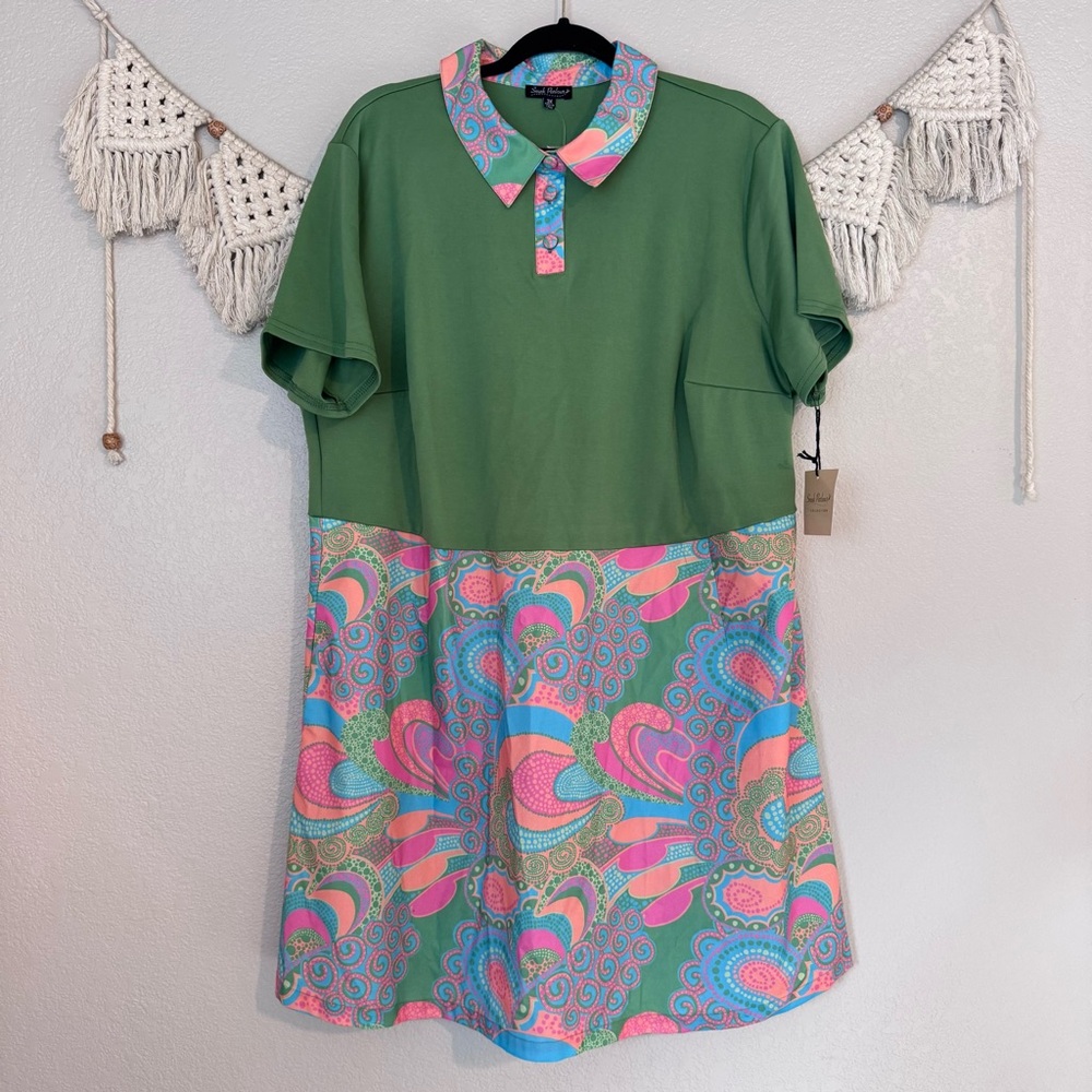 Unique Vintage Green Polo Dress with Pink & Blue Paisley Skirt